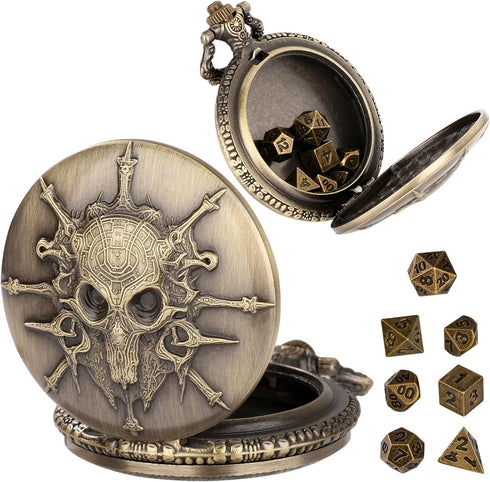 Mini DND Dice Set Steampunk Warlock Pocket Watch Shell Case, 7pcs Polyhedral Metal D&D Dice Set, DND Gifts with Gift Box for Gamer, Role Playing B...