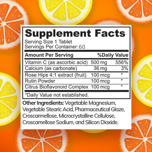 Halal Vitamin C 500mg Tablets with Rose Hips Supports Immune System, Natural Antioxidant with Citrus Bioflavonoids - Vegan - Gluten-Free - 2 Month...