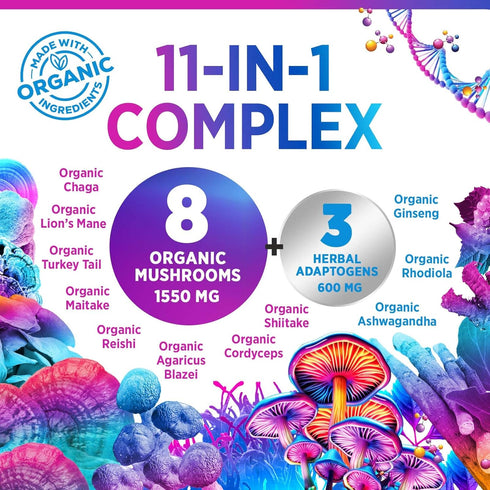 Mushroom Supplement Powder - 11 in 1 Complex Nootropic & Adaptogens Blend, Organic Mushroom Powder, Lions Mane, Cordyceps, Reishi, Chaga, Turkey T...