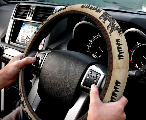Steering Wheel Cover Vintage Black Bear Pine Tree Silhouettes Steering Wheel Covers Retro Rustic Steering Wheel Protector Car Accessory 15 Inches...