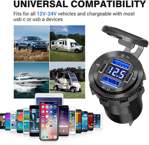 12V USB Outlet, 4 USB Port Aluminum Charger Socket 2 USB C PD & 2 USB QC3.0 with Voltmeter, 12V/24V Car USB Charger Socket for Car Boat Marine Bus...