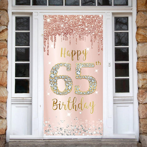 65th Birthday Decorations Door Banner for Women, Pink Rose Gold Happy 65 Birthday Backdrop Party Supplies, 65 Year Old Birthday Poster Door Cover ...