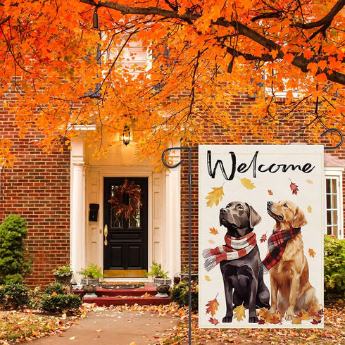 Welcome Fall Dog Garden Flag For Outside Thanksgiving Garden Flags 12x18 Double Sided Front Yard Small Flag Burlap Golden Retriever Labrador Outdo...
