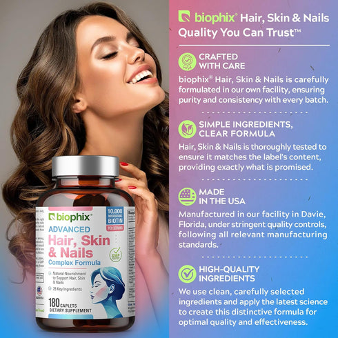 biophix Hair Skin and Nails Complex 180 Caplets with 10,000 mcg Biotin - Multivitamin Supports Strong Nails Beautiful Hair Healthy Aging...