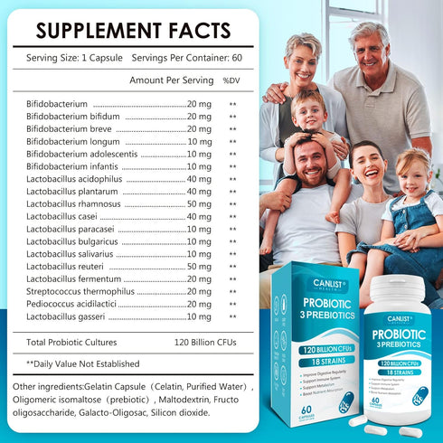 Probiotics 120 Billion CFUs 18 Strains, 3 Prebiotics & Digestive Enzymes for Men Women,Digestive & Immune Support,Shelf Stable Non-GMO 60 Vegetari...