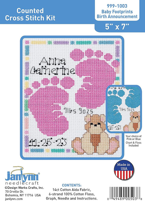 Janlynn Baby Footprints Counted Cross Stitch Kit, Pink, Purple, White...