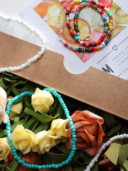 4 Pieces Women Bead Choker Necklace Colorful Bohemian Seed Bead Chain Girls Boho Hawaiian White Tiny Turquoise Layered Collar (Style A, 4 Pieces)...