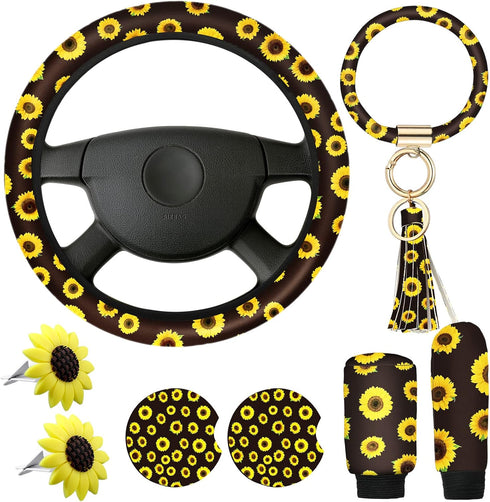 8 Pcs Cute Sunflower Steering Wheel Cover Yellow Keychain for Women Delightful Car Accessories Leather Bracelet Key Ring Car Handbrake Cover Gear ...