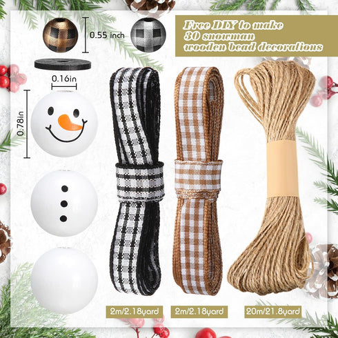 180 Pieces Christmas Snowman Wooden Bead Winter Wooden Bead Christmas Buffalo Plaid Wood Round Bead Christmas Print Wooden Beads with DIY Twine Sc...