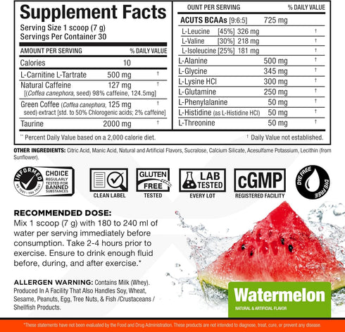 ALLMAX Nutrition AMINOCUTS (ACUTS), Amino-Charged Energy Drink with Taurine, L-Carnitine, Green Coffee Bean Extract, Watermelon, 30 Servings...