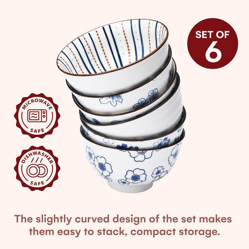 Japanese Rice Bowls Set of 6 - Porcelain Cereal Bowl in Vintage Blue White Design - Stackable Ceramic Dinner Set for Rice, Salad & Soup - Microwav...