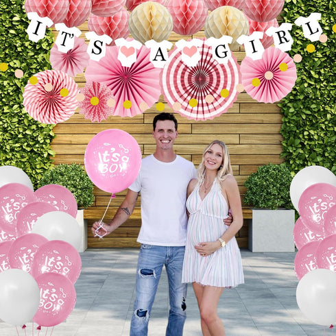 Baby Shower Theme Party Decorations It's a Boy and It's a Girl Banner Pink and Blue Balloons DIY Handmade Paper Flower Fans Honeycomb Balloons For...