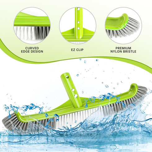 Pool Brush,17.5" Curved Edge Pool Brushes Head for Cleans Pool Swimming Walls, Tiles & Floors, Premium Nylon Bristles with EZ Clips...