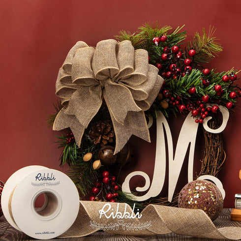 Ribbli Burlap Wired Ribbon,2-1/2 Inch x 10 Yard,Natural,Solid Wired Edge Ribbon for Big Bow,Wreath,Tree Decoration,Outdoor Decoration...