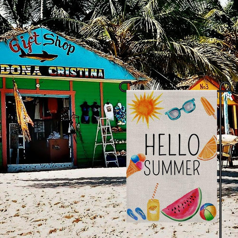 Hello Summer Garden Flag 12x18 Inch Double Sided Burlap, Beach Sign Yard Outdoor Decor Small Flags DF281...