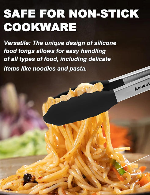 Anaeat Non-Stick Silicone Locking Tong - Stainless Steel 7" Mini Kitchen Food Tongs with Non-Slip Silicone Tips and Grip for Cooking, Baking and B...