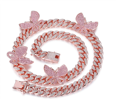 YBMYCM Butterfly Cuban Necklace Crystal Collars Cuban Link Chain Iced Bling Butterfly for Women Men Hip Hop Rapper Jewelry...
