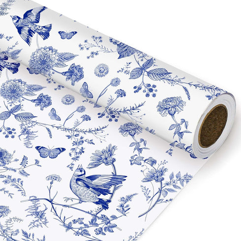 JarThenaAMCS Blue White Floral Wrapping Paper Roll Chinoiserie Flower Bird Gift Wrap Paper Decorative DIY Art Craft Paper for Wedding Birthday Bab...