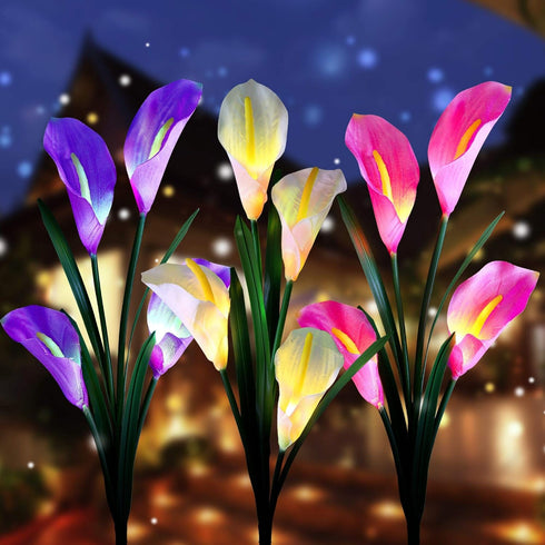 Aloudy Solar Garden Stake Lights, Upgraded 3 Pack Outdoor Waterproof Solar Powered Lights with 12 Calla Lily Flowers, 7 Colors Changing LED Solar ...