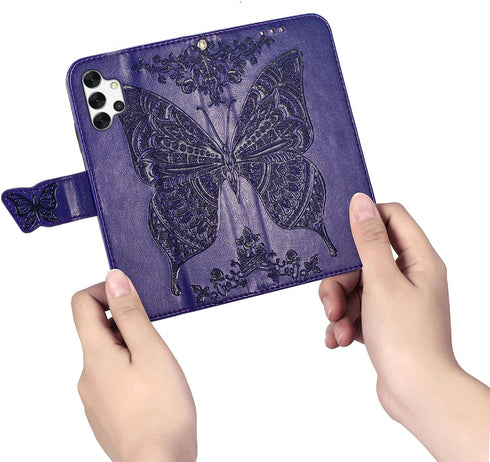 PU Leather Wallet Flip Protective Phone Case with Wrist Strap Card Slots Holder Pocket Emboss Butterfly Flower Stand Case for Samsung Galaxy A32 5...