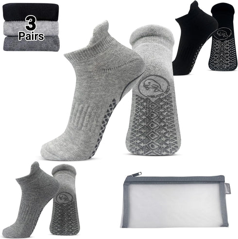 Ankle Socks Set with Non Slip Grips for Yoga, Pure Barre, Exercise, Pilates, Hospital Socks with Breathable Pouch for Women Men Adult Unisex 3 pai...