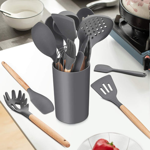 LIANYU 15-Piece Kitchen Silicone Cooking Utensils Set with Holder, Wooden Handle Kitchen Tools Include Spatula Tong Slotted Spoon Turner Whisk Bru...