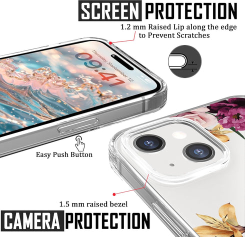 Designed for iPhone 15 Case, for Girls Woman, Clear Cute Pink Purple Floral Flowers Design Hard Back Soft Bumper Shockproof Protective Phone Cover...