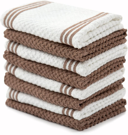 Sticky Toffee Cotton Dishcloths Set of 8 – Brown and White Dish Towels 12x12 in, Reusable and Absorbent Tea Towels for Cleaning or Drying, Oeko-Te...