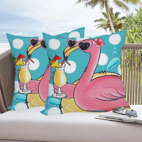 2 Pack Waterproof Summer Flamingo Throw Pillow Covers 16x16 Inch Tropical Flower Beach Pink Birds Pillow Cases Blue Ocean Sea Farmhouse Outdoor De...