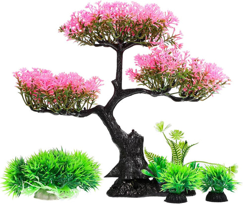 Didiseaon Aquarium Artificial Plants Decor, Pink Cherry Blossom Tree Grass Set Plastic for Fish Tank Accessories, Fish Tank Decorations...