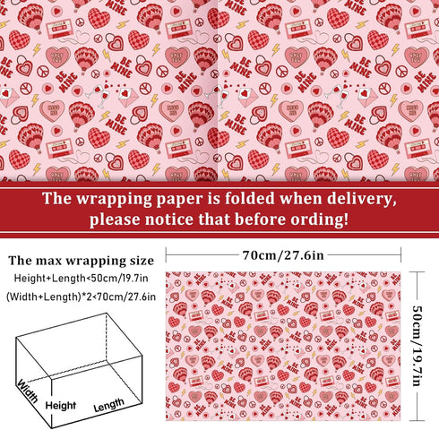 JarThenaAMCS 12 Sheets Valentine's Day Wrapping Paper Groovy Hippie Gift Wrap Paper Bulk Folded Flat Red Pink DIY Craft Art Paper for Birthday Wed...