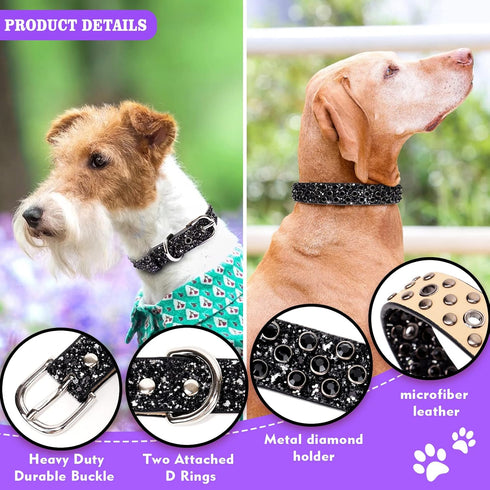 Rhinestone Leather Dog Collar Bling Dog Collars for Small Medium Large Dogs - Soft Microfiber Leather with Adjustable Stylish Sparkly Diamonds Stu...
