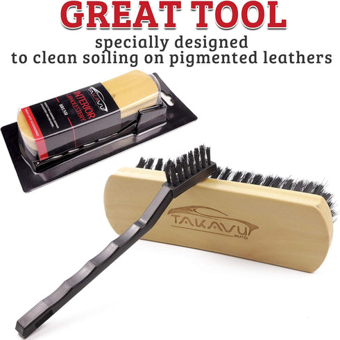 Leather & Textile Shine Brush by TAKAVU, Durable Soft Nylon Bristles, Included Detailing Cleaning Brush, Unique Concave Design Wood Handle for Car...