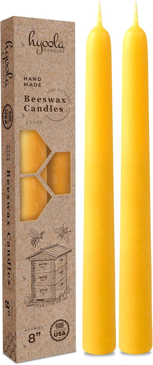 Hyoola 8" Beeswax Taper Candles - 8 Hour Burn Time - Yellow Beeswax Candles - 2 Pack...