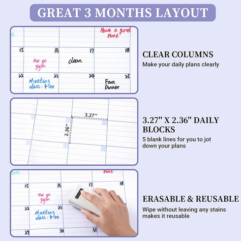 BooQool Large Dry Erase Calendar for Wall - Undated 3 Month Calendar, 27.7'' x 40'', Erasable & Reusable Laminated White Board with 8 Round Sticke...