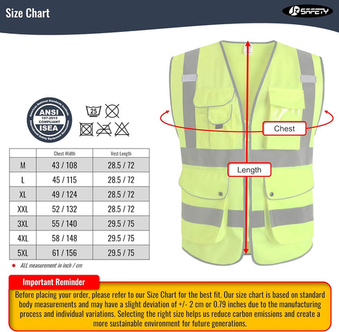 JKSafety 9 Pockets Class 2 High Visibility Zipper Front Safety Vest With Reflective Strips,Meets ANSI/ISEA Standard (Large, 150-Yellow)...