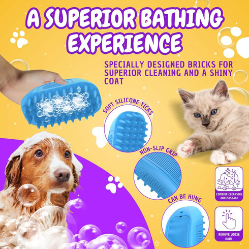 Dog Bath Brush + Gift Toothbrush | Dog Shower Brush | Dog shampoo brush with Non-Slip handle, ideal for short and long coats | Remove loose skin w...