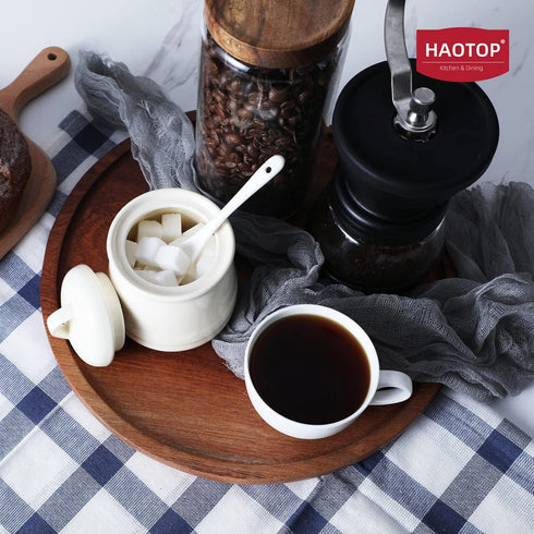 HAOTOP Porcelain Sugar Bowl, Ceramic Salt Bowl with Spoon and Lid for Home and Kitchen, 12 Ounces (Beige)...