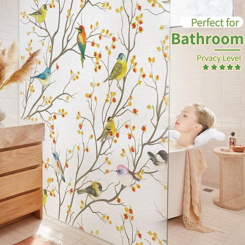 DKTIE Window Privacy Cling Film with Installation Tools, Stained Glass Opaque Non-Adhesive Frosted Bird Coverings Removable for Bathroom Shower Do...