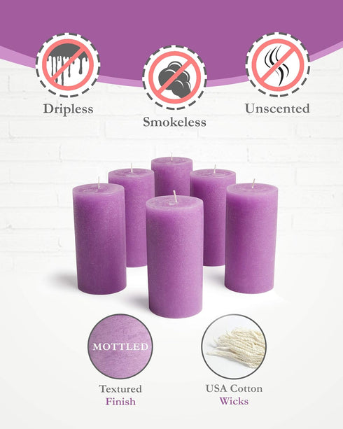 Mottled Pillar Candles by Bask - Set of 6-3" x 6" Dripless Unscented Candles in Purple for Home Decor, Relaxation & All Occasions...