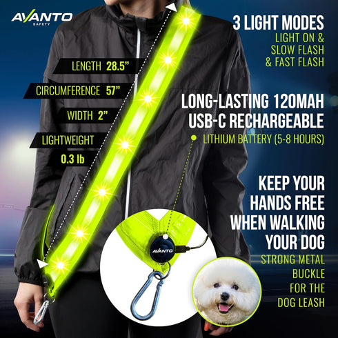 AVANTO LED Reflective Sash, Original, USB-C, Reflective Vest for Walking, Led Belt for Dog Walking, Reflective Vest for Walking, Wearable Led Ligh...