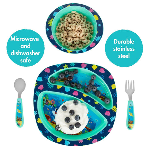 The First Years Baby Shark Dinnerware Set - Toddler Plates and Bowls Set - Includes 1 Toddler Plate, Toddler Bowl, and Toddler Fork and Spoon - 4 ...