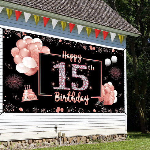 15th Birthday Decorations for Girls - Rose Gold Happy 15 Banner Backdrop, Sweet 15 Year Old Party Supplies, Poster Decor Background Sign...