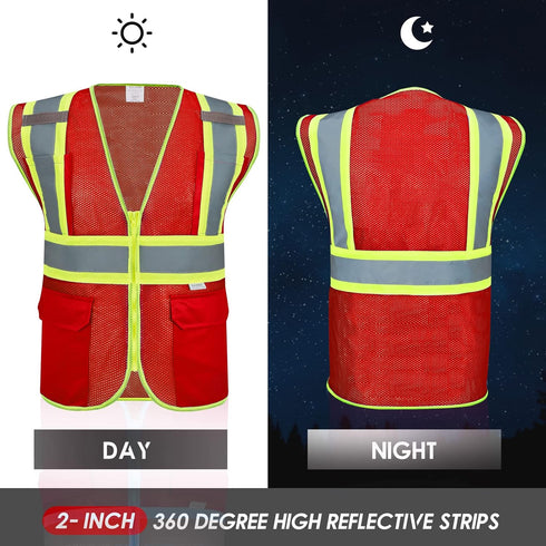 High Visibility Reflective Safety Vest with Zipper and Pockets Red,XXL...