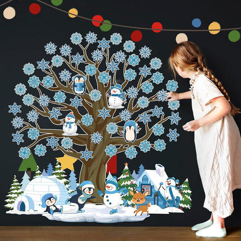 Glenmal 85 Pcs Winter Classroom Bulletin Board Decorations Snowflake Snowman Cutouts with Glue Point Bulletin Board Cutouts for Classroom School C...