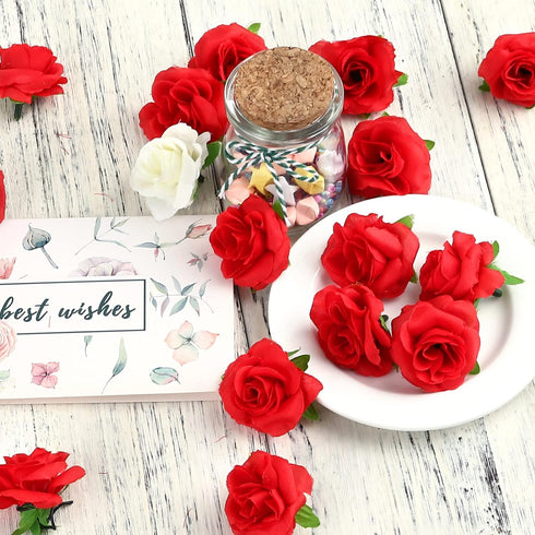 Kesoto 50pcs Red Roses Buds Artificial Flowers Bulk, 1.6" Small Silk Fake Roses Flower Heads for Decoration, Crafts, Wedding Centerpieces Bridal S...