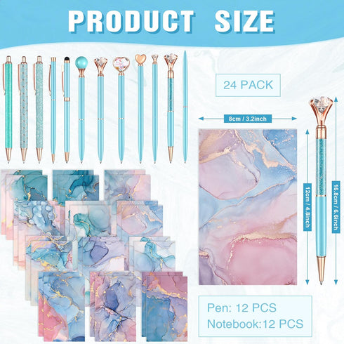 24 Pcs Marble Mini Notebooks with Ballpoint Pens Set Metal Crystal Diamond Pens Pretty Fancy Pens Gifts Marble Pocket Notepads Mini Journals Noteb...