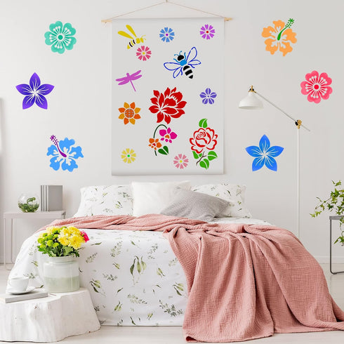 16 Pieces Flower Stencil for Painting Bee Sunflower Butterfly Spring Stencil Large Template Reusable Summer Painting Stencil and Metal Open Ring f...