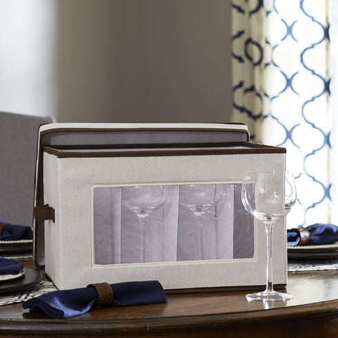 Household Essentials Stemware Storage Box, Windowed Storage with Lid, 12 Storage Compartments, Double Handles, Perfect for Storing Special Occasio...