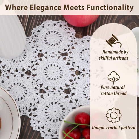kilofly Crochet Cotton Lace Table Placemats Doilies Pack, 4pc, White, Blossoms, 10 inch...
